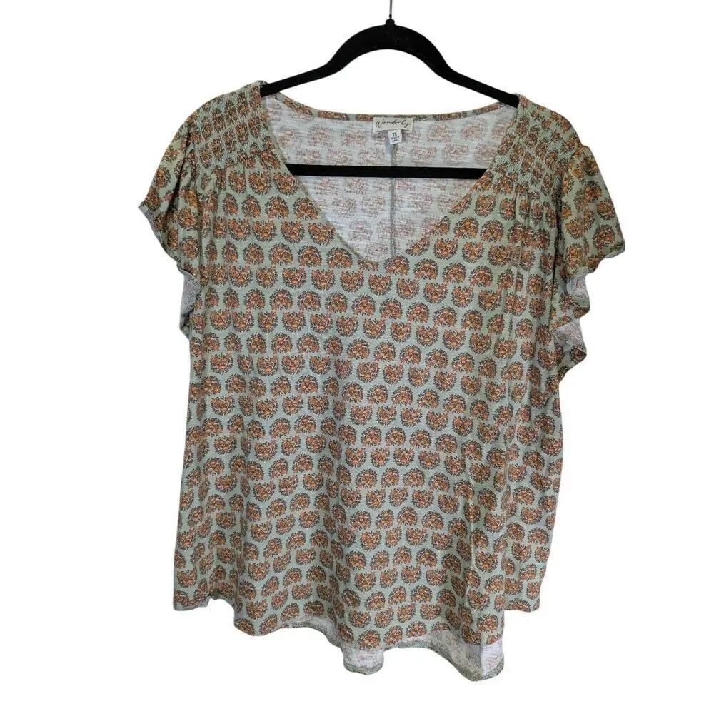 Wonderly Tunic Blouse Plus Blue and Tan Floral Short Sleeve Boho Women's